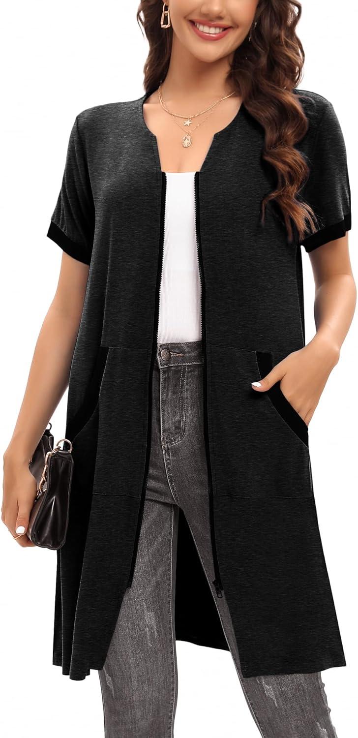 imageSWOMOG Women Zipper Front House Coat Short Sleeves Robe Zip up Bathrobes Short Nightgown with Pockets S3XLZblack Grey