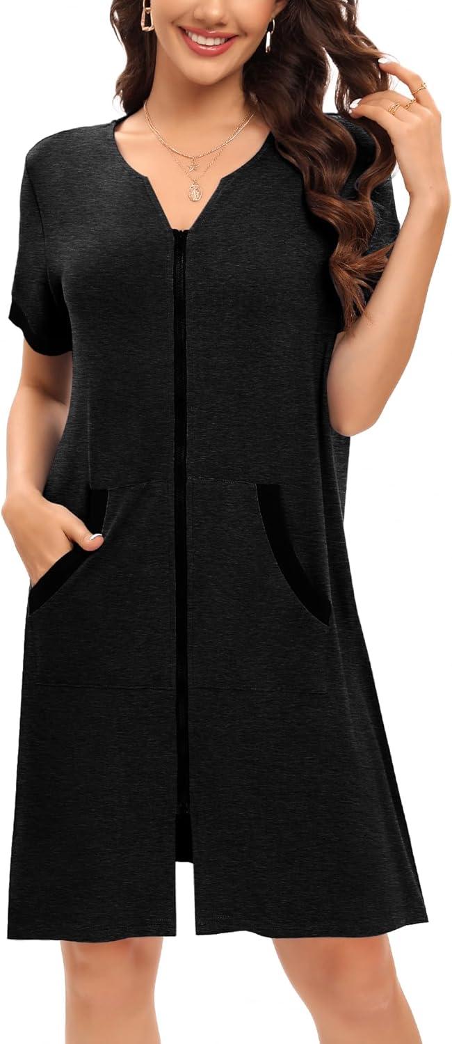 imageSWOMOG Women Zipper Front House Coat Short Sleeves Robe Zip up Bathrobes Short Nightgown with Pockets S3XLZblack Grey