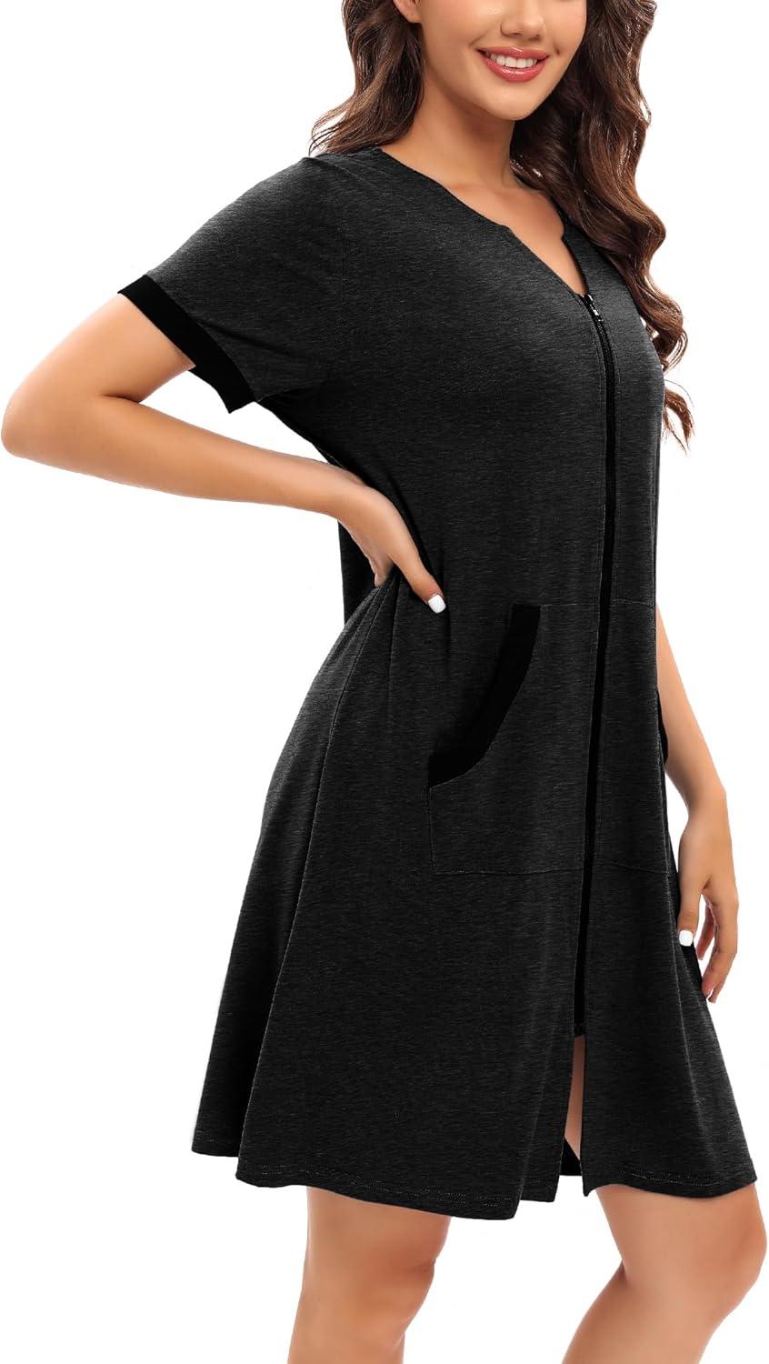 imageSWOMOG Women Zipper Front House Coat Short Sleeves Robe Zip up Bathrobes Short Nightgown with Pockets S3XLZblack Grey