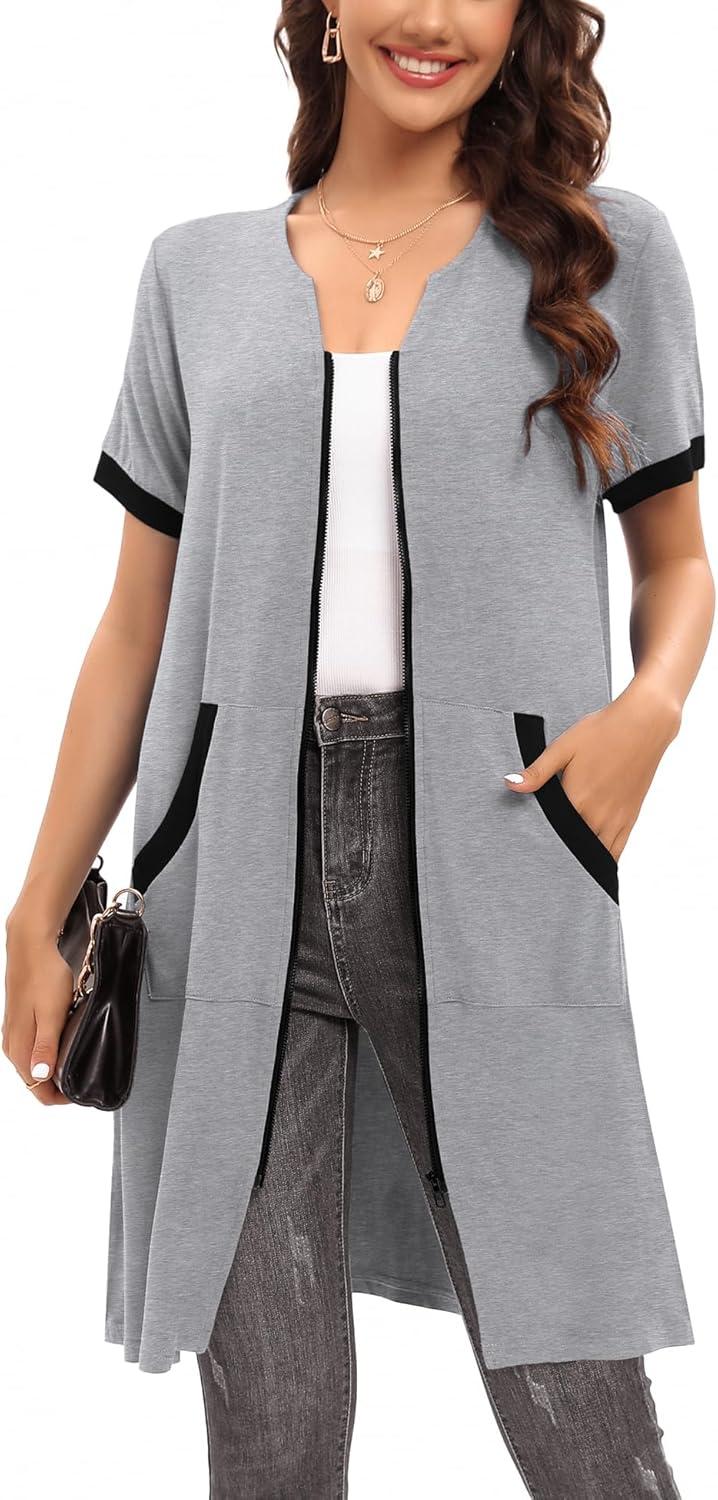 imageSWOMOG Women Zipper Front House Coat Short Sleeves Robe Zip up Bathrobes Short Nightgown with Pockets S3XLZgrey