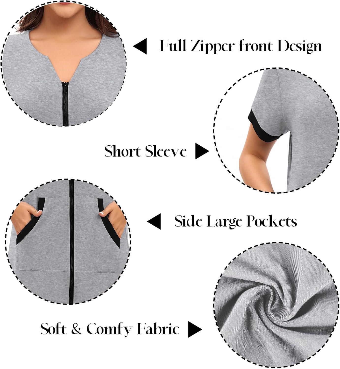 imageSWOMOG Women Zipper Front House Coat Short Sleeves Robe Zip up Bathrobes Short Nightgown with Pockets S3XLZgrey
