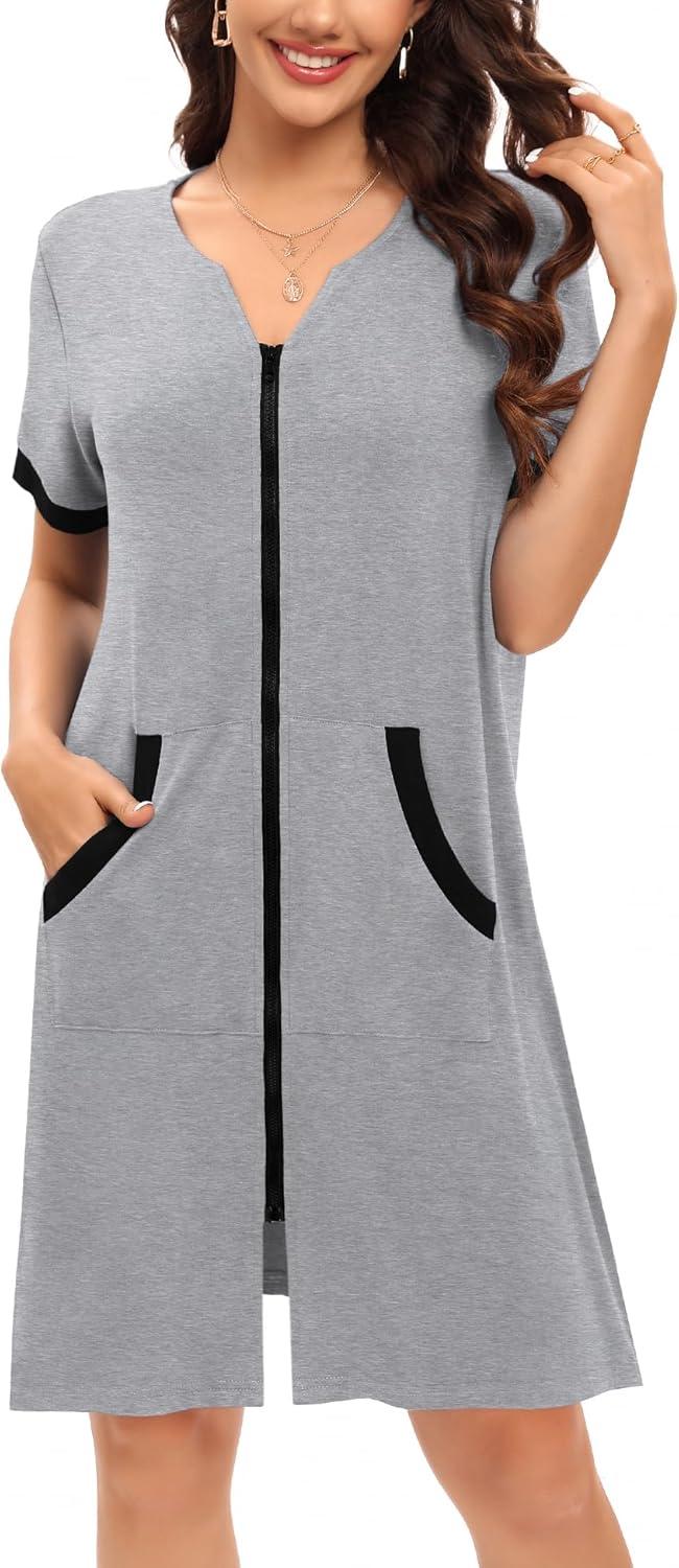imageSWOMOG Women Zipper Front House Coat Short Sleeves Robe Zip up Bathrobes Short Nightgown with Pockets S3XLZgrey