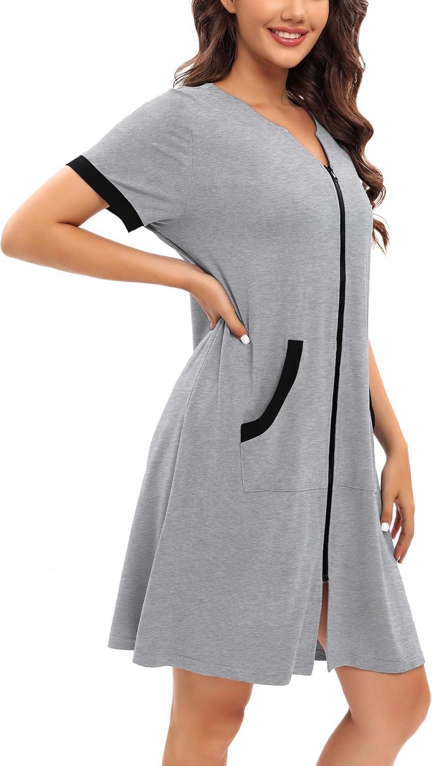 imageSWOMOG Women Zipper Front House Coat Short Sleeves Robe Zip up Bathrobes Short Nightgown with Pockets S3XLZgrey