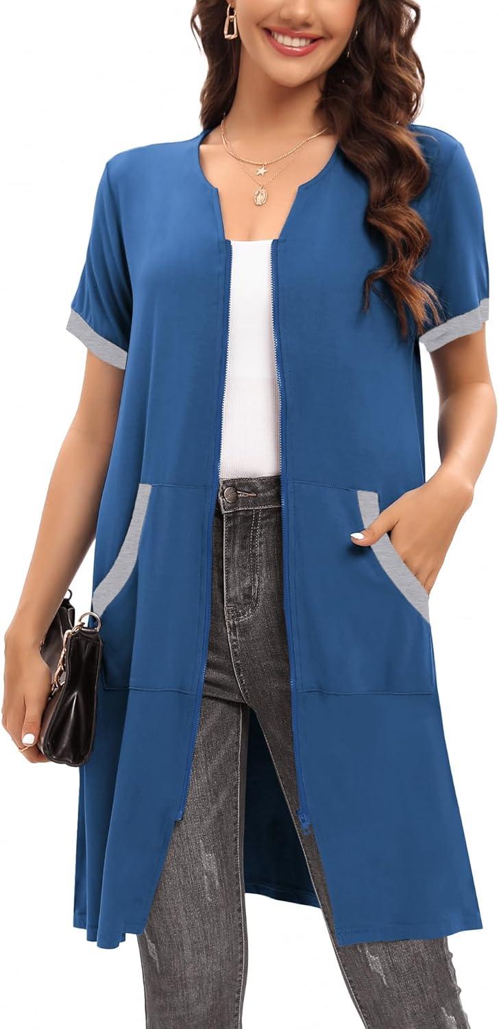 imageSWOMOG Women Zipper Front House Coat Short Sleeves Robe Zip up Bathrobes Short Nightgown with Pockets S3XLZnavy