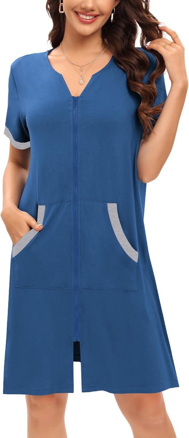 imageSWOMOG Women Zipper Front House Coat Short Sleeves Robe Zip up Bathrobes Short Nightgown with Pockets S3XLZnavy