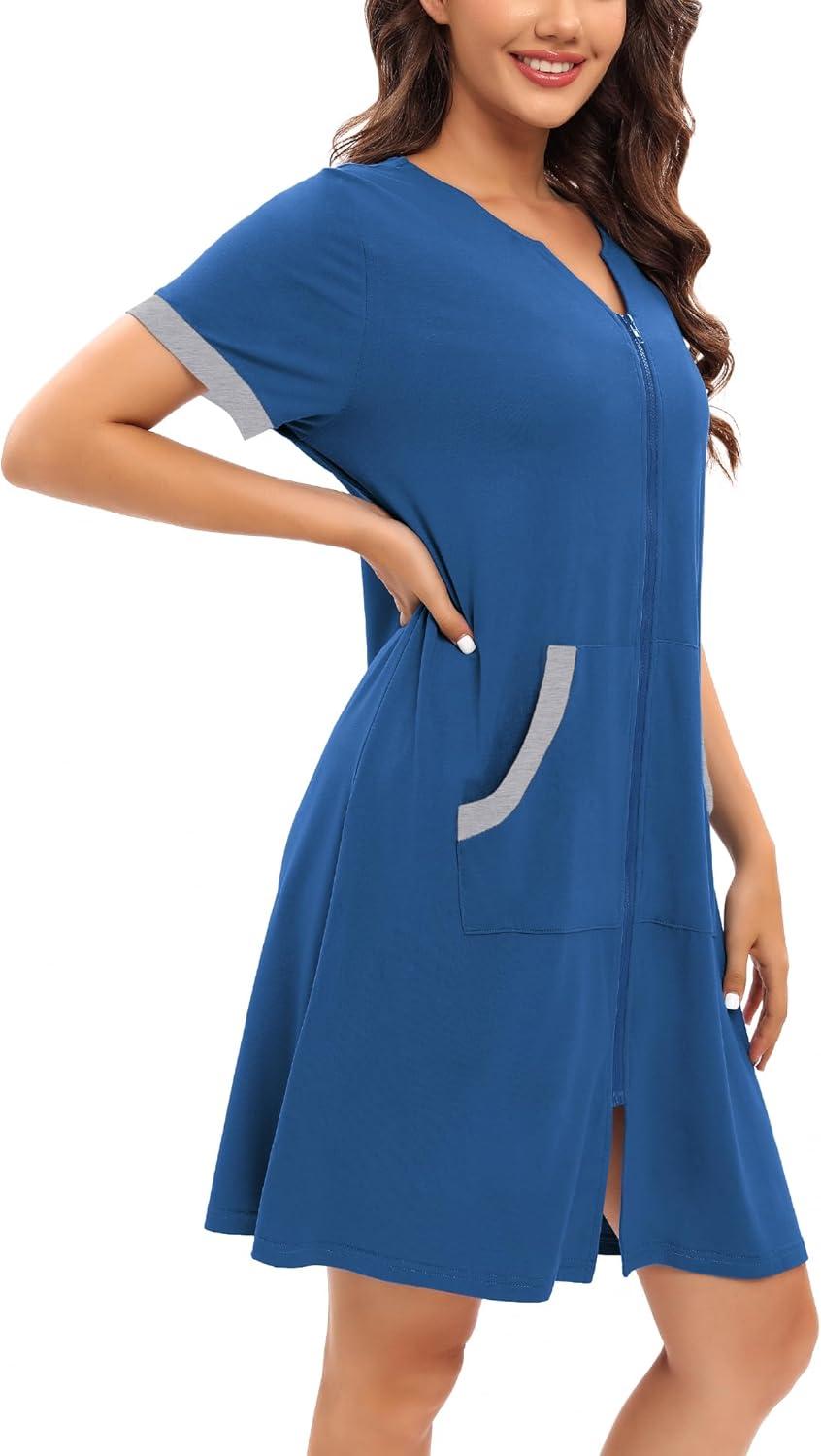imageSWOMOG Women Zipper Front House Coat Short Sleeves Robe Zip up Bathrobes Short Nightgown with Pockets S3XLZnavy