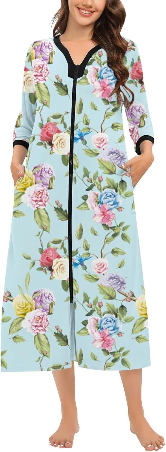 imageSWOMOG Women Zipper Robe Long Housecoat Zip Up Bathrobes Full Length Nightgown Loungewear with Pockets S3XLFloral Green
