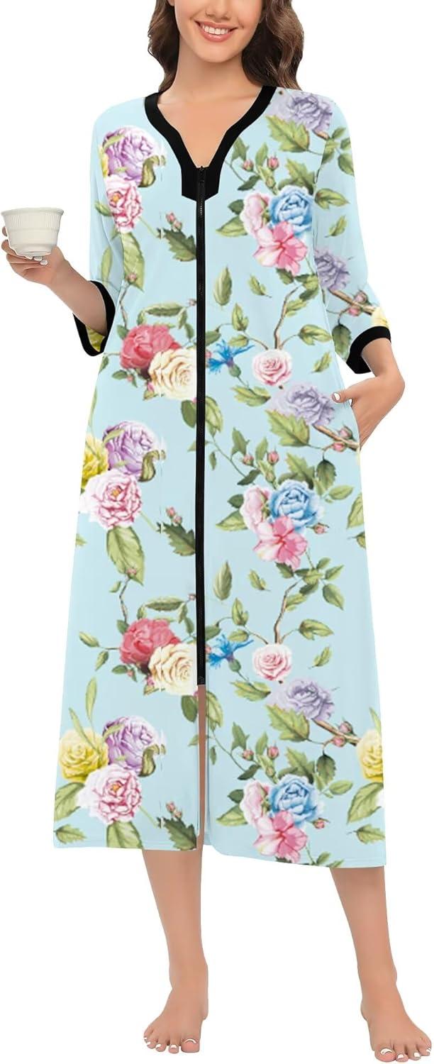 imageSWOMOG Women Zipper Robe Long Housecoat Zip Up Bathrobes Full Length Nightgown Loungewear with Pockets S3XLFloral Green