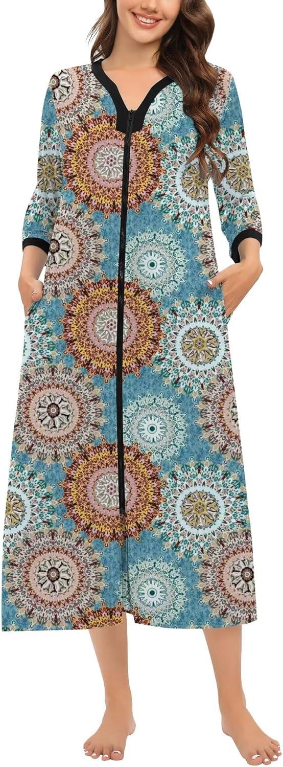 imageSWOMOG Women Zipper Robe Long Housecoat Zip Up Bathrobes Full Length Nightgown Loungewear with Pockets S3XLFloral Mandala