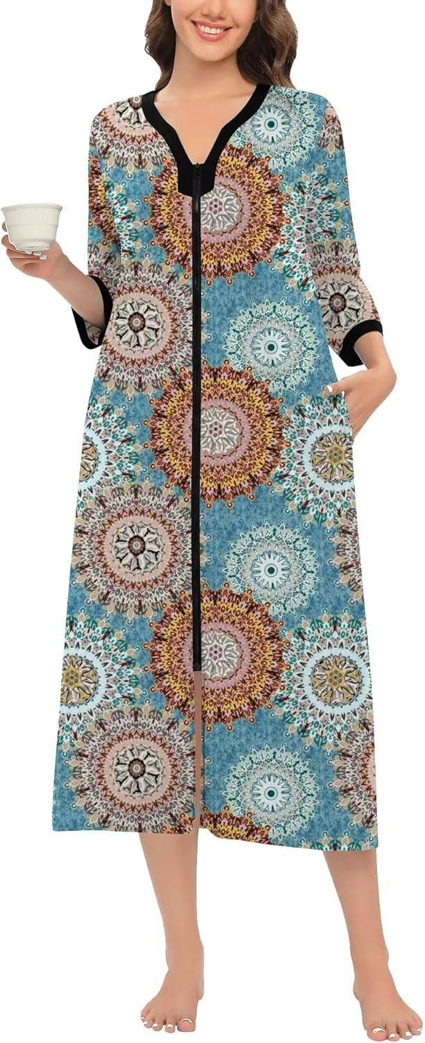 imageSWOMOG Women Zipper Robe Long Housecoat Zip Up Bathrobes Full Length Nightgown Loungewear with Pockets S3XLFloral Mandala