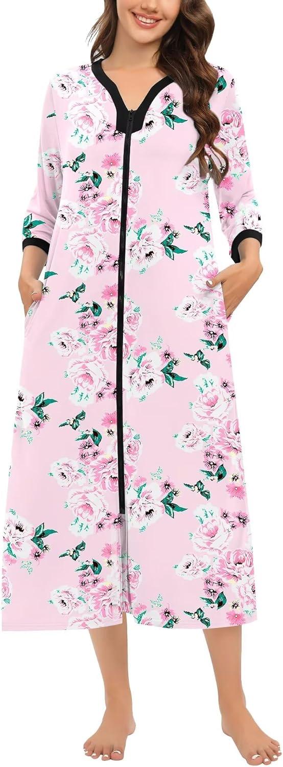 imageSWOMOG Women Zipper Robe Long Housecoat Zip Up Bathrobes Full Length Nightgown Loungewear with Pockets S3XLFloral Pink