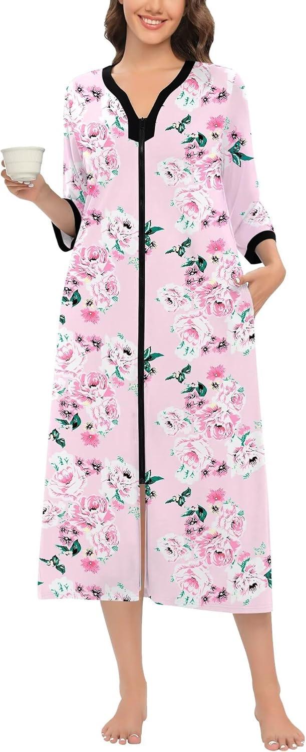 imageSWOMOG Women Zipper Robe Long Housecoat Zip Up Bathrobes Full Length Nightgown Loungewear with Pockets S3XLFloral Pink