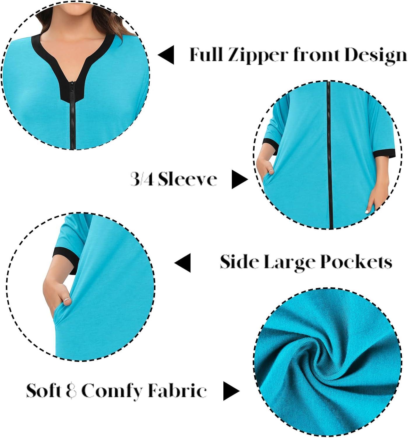 imageSWOMOG Women Zipper Robe Long Housecoat Zip Up Bathrobes Full Length Nightgown Loungewear with Pockets S3XLPeacock Blue