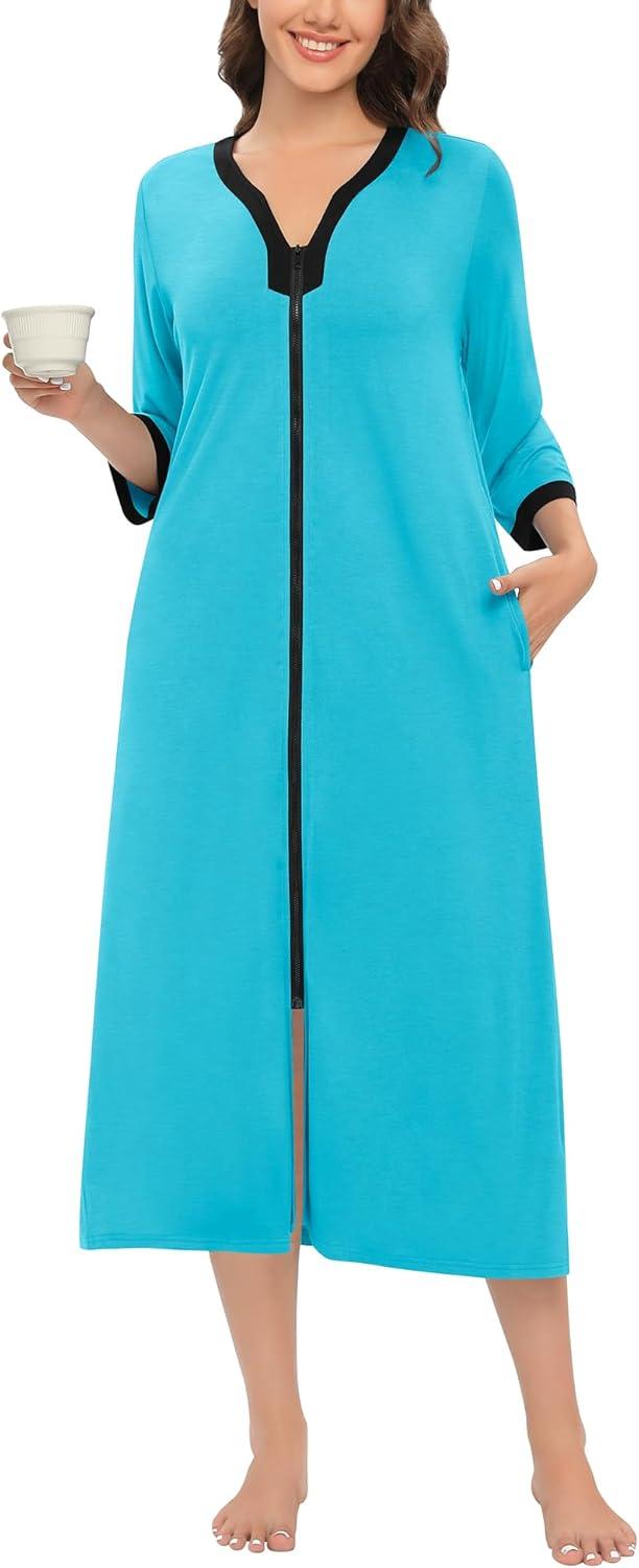 imageSWOMOG Women Zipper Robe Long Housecoat Zip Up Bathrobes Full Length Nightgown Loungewear with Pockets S3XLPeacock Blue