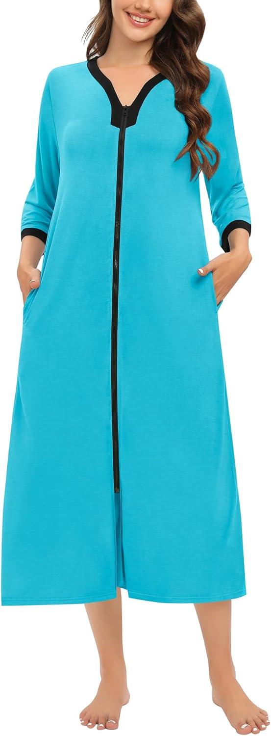 imageSWOMOG Women Zipper Robe Long Housecoat Zip Up Bathrobes Full Length Nightgown Loungewear with Pockets S3XLPeacock Blue
