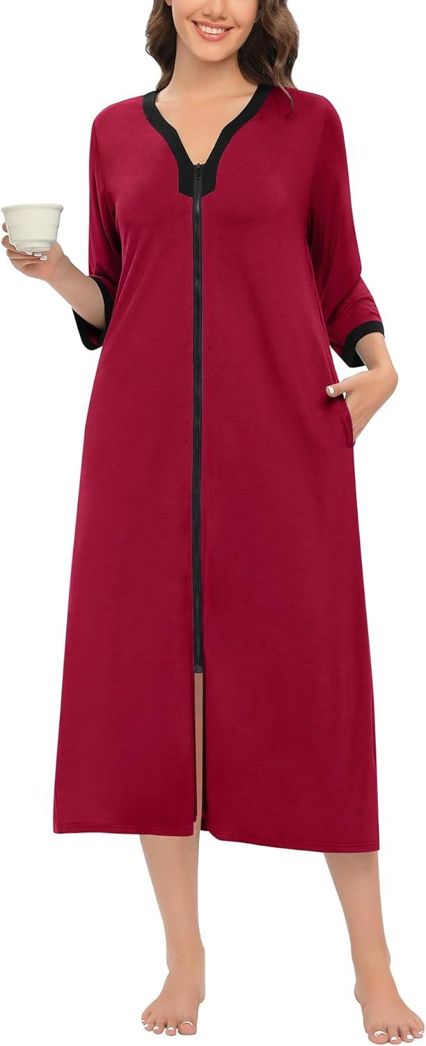imageSWOMOG Women Zipper Robe Long Housecoat Zip Up Bathrobes Full Length Nightgown Loungewear with Pockets S3XLWine Red
