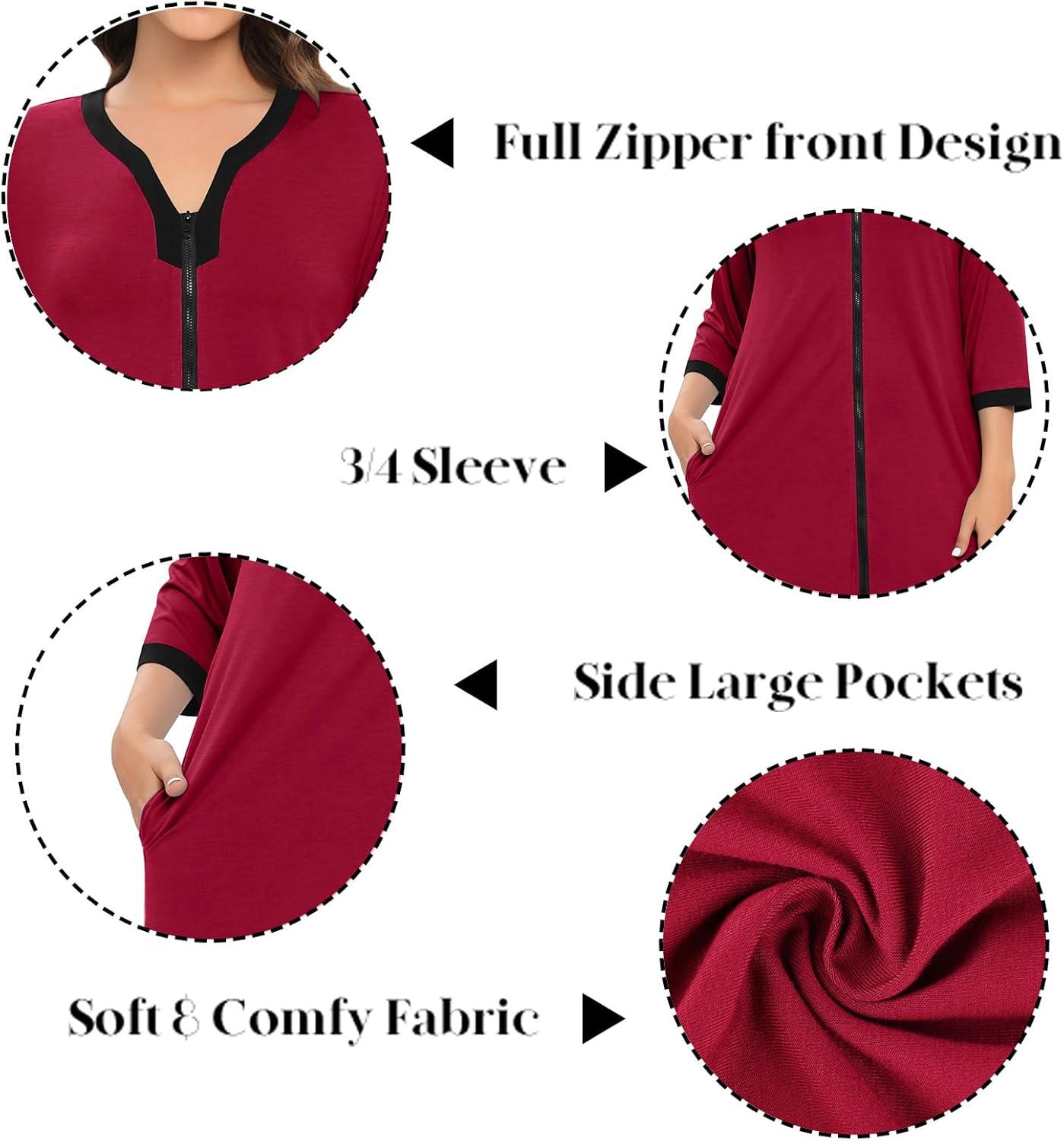 imageSWOMOG Women Zipper Robe Long Housecoat Zip Up Bathrobes Full Length Nightgown Loungewear with Pockets S3XLWine Red