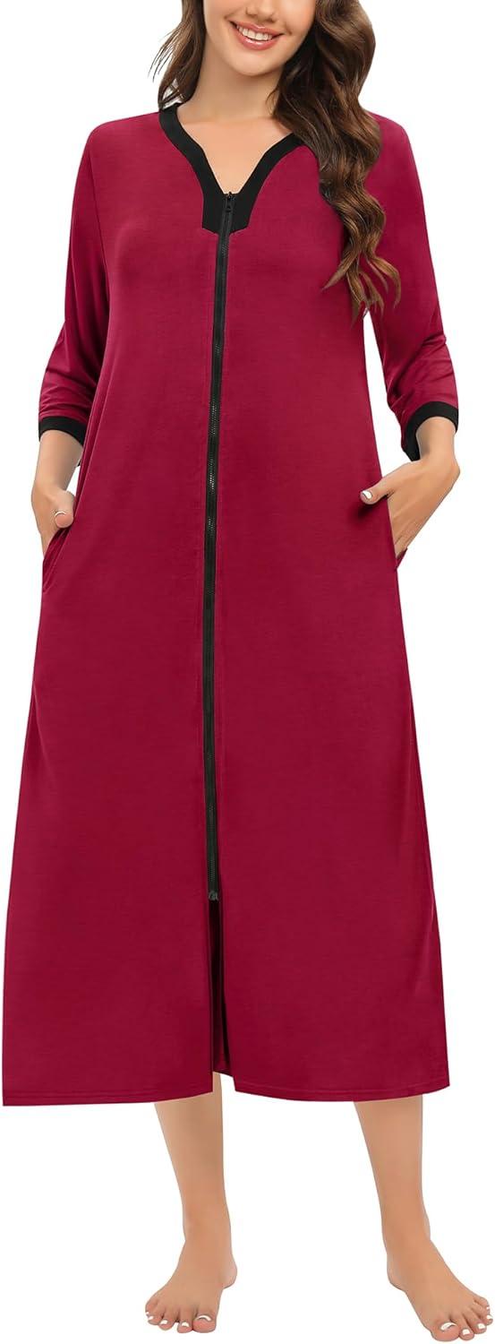 imageSWOMOG Women Zipper Robe Long Housecoat Zip Up Bathrobes Full Length Nightgown Loungewear with Pockets S3XLWine Red
