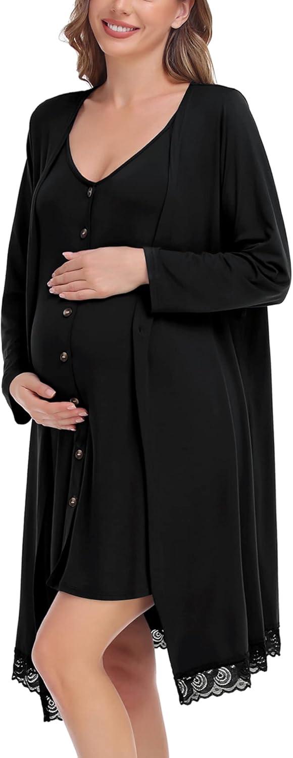 imageSWOMOG Womens Maternity Nursing Nightgown and Lace Robe Set 3 in 1 Labor Delivery Button Down Nursing Dress 2 Piece SleepwearBlack