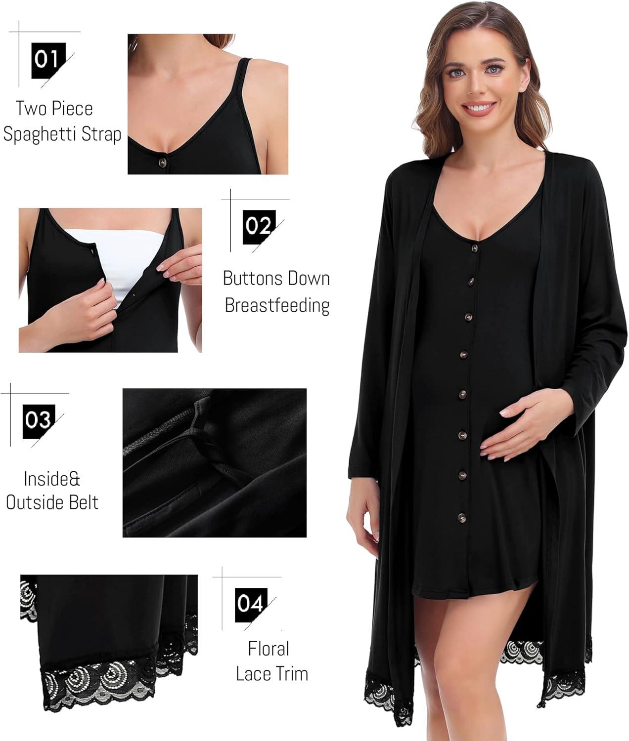 imageSWOMOG Womens Maternity Nursing Nightgown and Lace Robe Set 3 in 1 Labor Delivery Button Down Nursing Dress 2 Piece SleepwearBlack