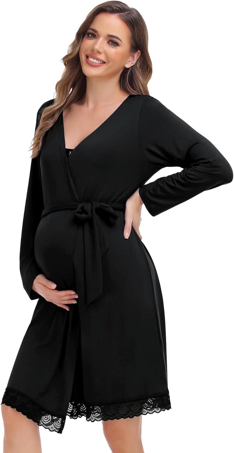 imageSWOMOG Womens Maternity Nursing Nightgown and Lace Robe Set 3 in 1 Labor Delivery Button Down Nursing Dress 2 Piece SleepwearBlack