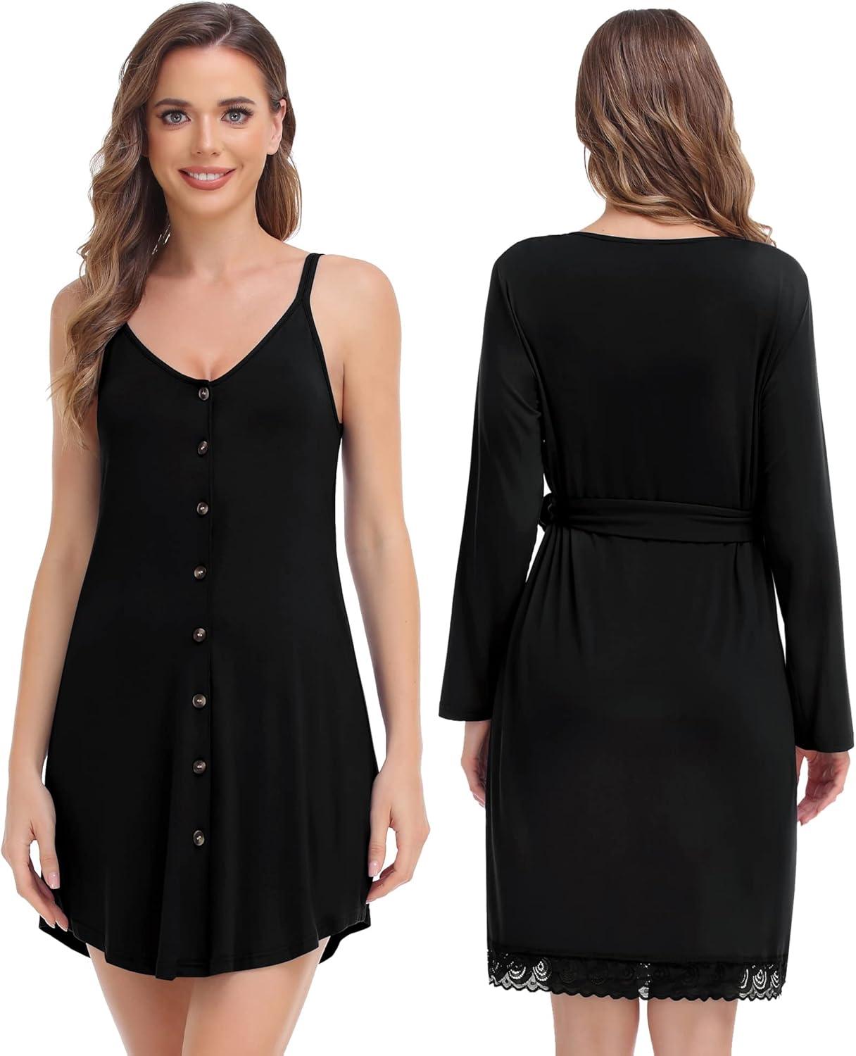 imageSWOMOG Womens Maternity Nursing Nightgown and Lace Robe Set 3 in 1 Labor Delivery Button Down Nursing Dress 2 Piece SleepwearBlack