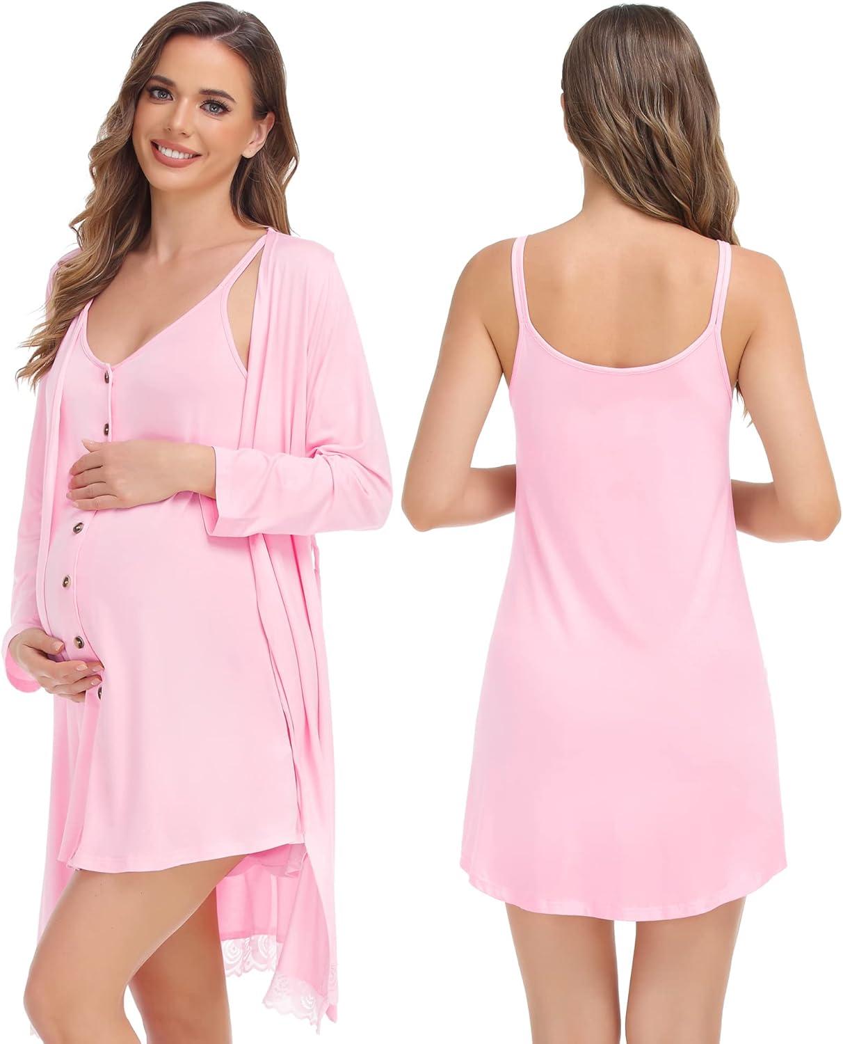 imageSWOMOG Womens Maternity Nursing Nightgown and Lace Robe Set 3 in 1 Labor Delivery Button Down Nursing Dress 2 Piece SleepwearPink