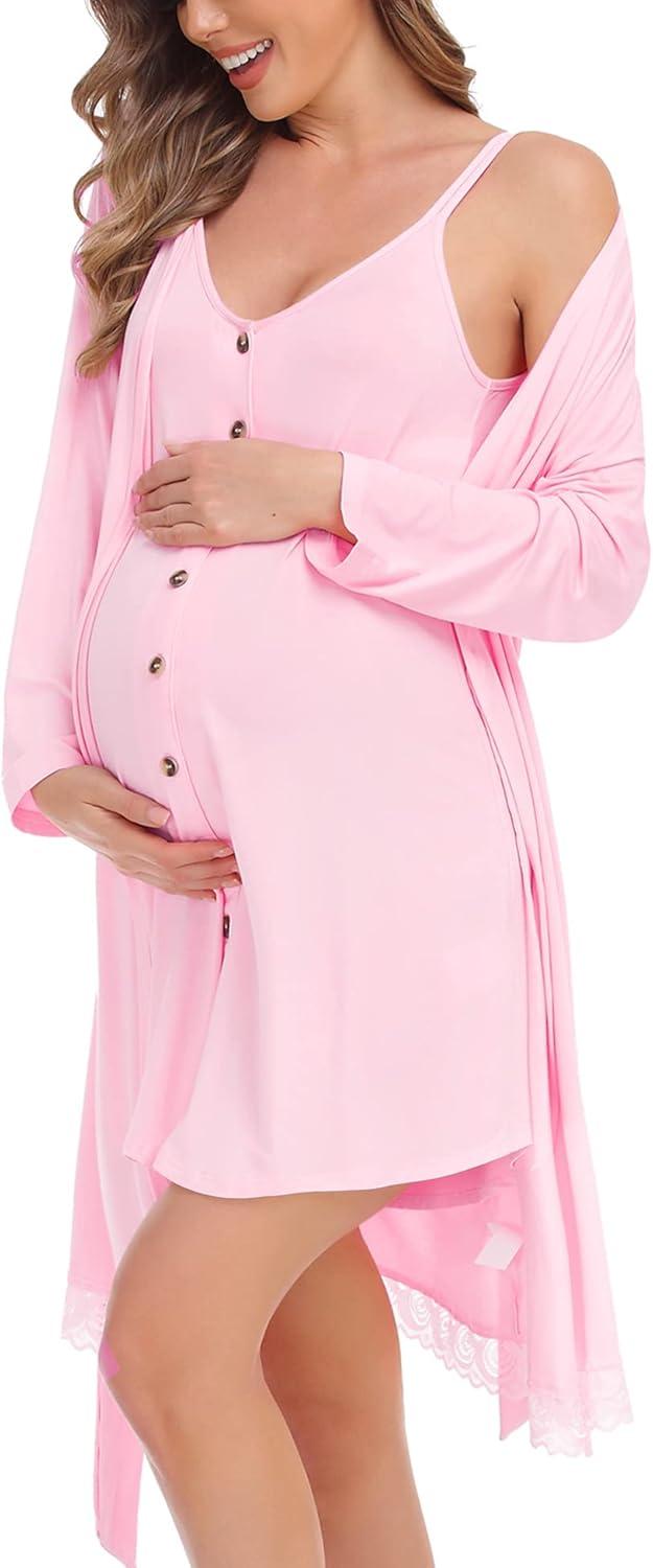 imageSWOMOG Womens Maternity Nursing Nightgown and Lace Robe Set 3 in 1 Labor Delivery Button Down Nursing Dress 2 Piece SleepwearPink