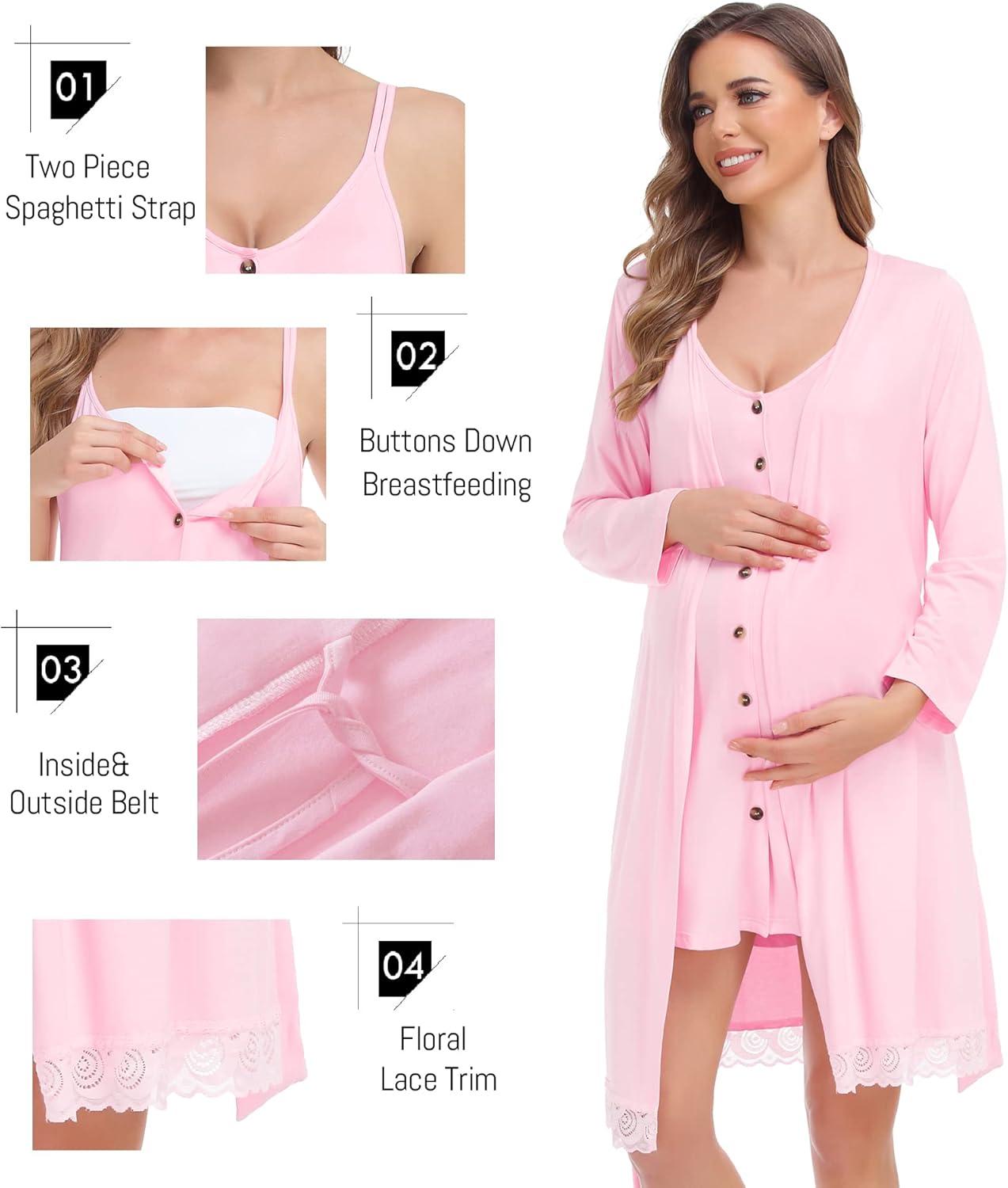 imageSWOMOG Womens Maternity Nursing Nightgown and Lace Robe Set 3 in 1 Labor Delivery Button Down Nursing Dress 2 Piece SleepwearPink