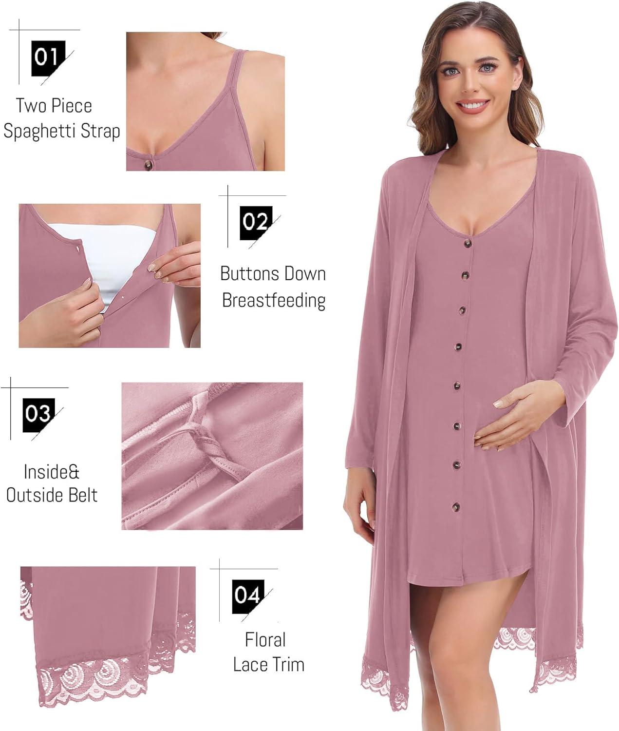 imageSWOMOG Womens Maternity Nursing Nightgown and Lace Robe Set 3 in 1 Labor Delivery Button Down Nursing Dress 2 Piece SleepwearTaro Purple