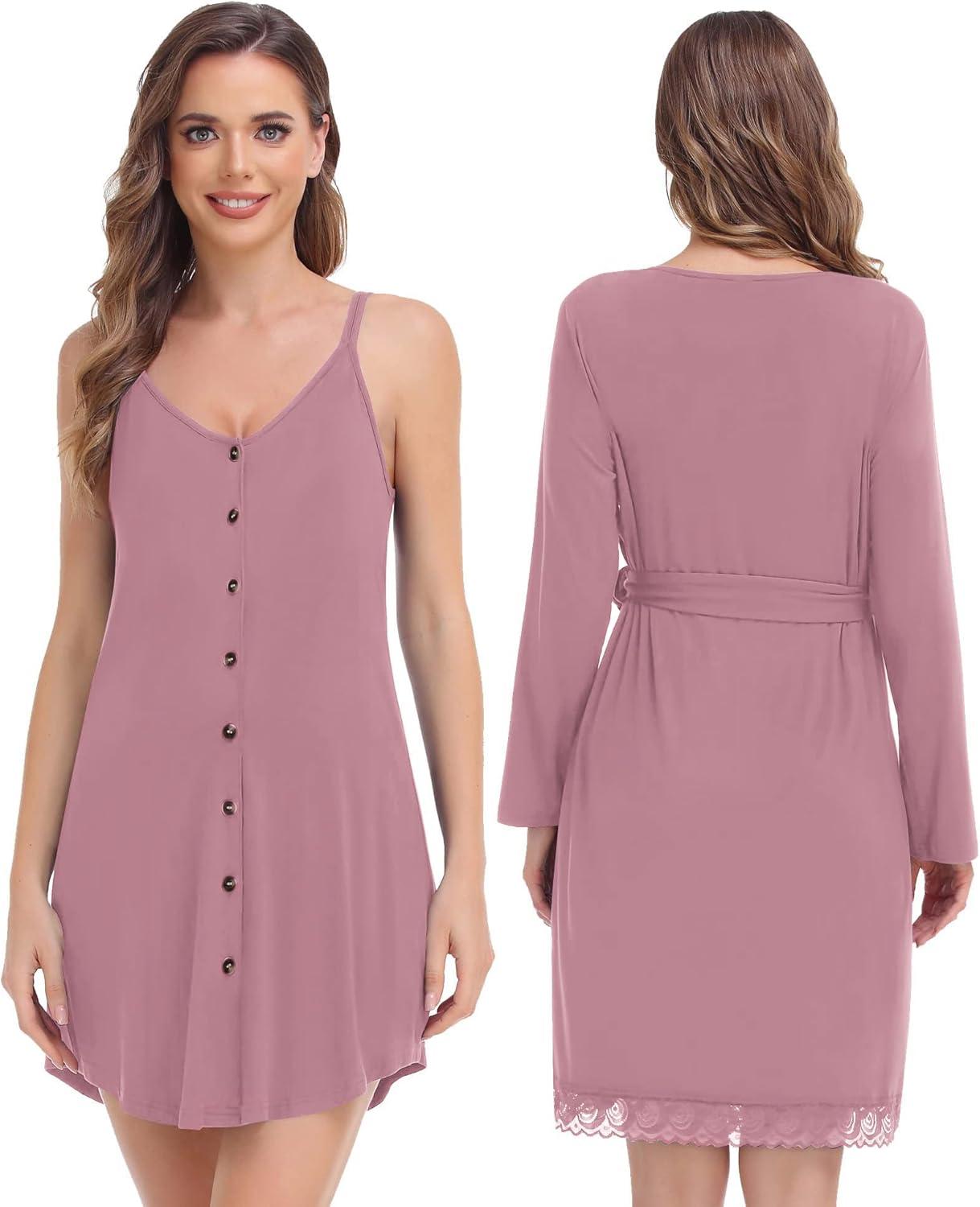 imageSWOMOG Womens Maternity Nursing Nightgown and Lace Robe Set 3 in 1 Labor Delivery Button Down Nursing Dress 2 Piece SleepwearTaro Purple