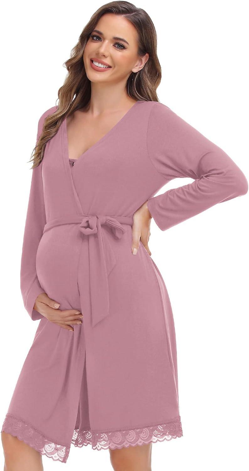 imageSWOMOG Womens Maternity Nursing Nightgown and Lace Robe Set 3 in 1 Labor Delivery Button Down Nursing Dress 2 Piece SleepwearTaro Purple