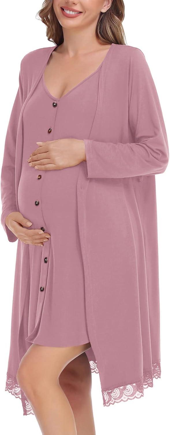 imageSWOMOG Womens Maternity Nursing Nightgown and Lace Robe Set 3 in 1 Labor Delivery Button Down Nursing Dress 2 Piece SleepwearTaro Purple