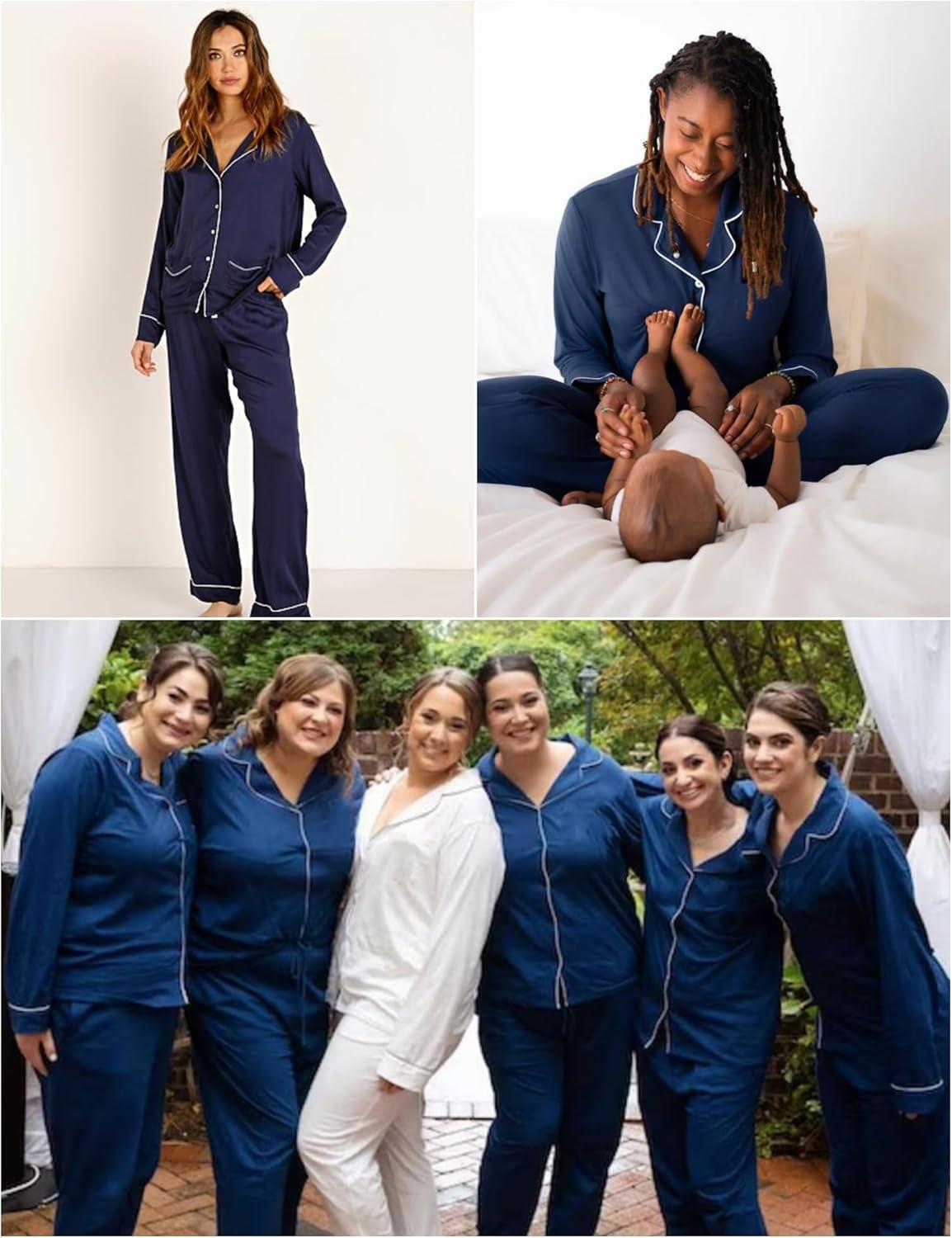 imageSWOMOG Womens Pajama Sets Long Sleeve Button Down Sleepwear Soft Pjs Lounge Sets with Pockets Navy Blue Wide PipingNavy Bluetwo Pockets