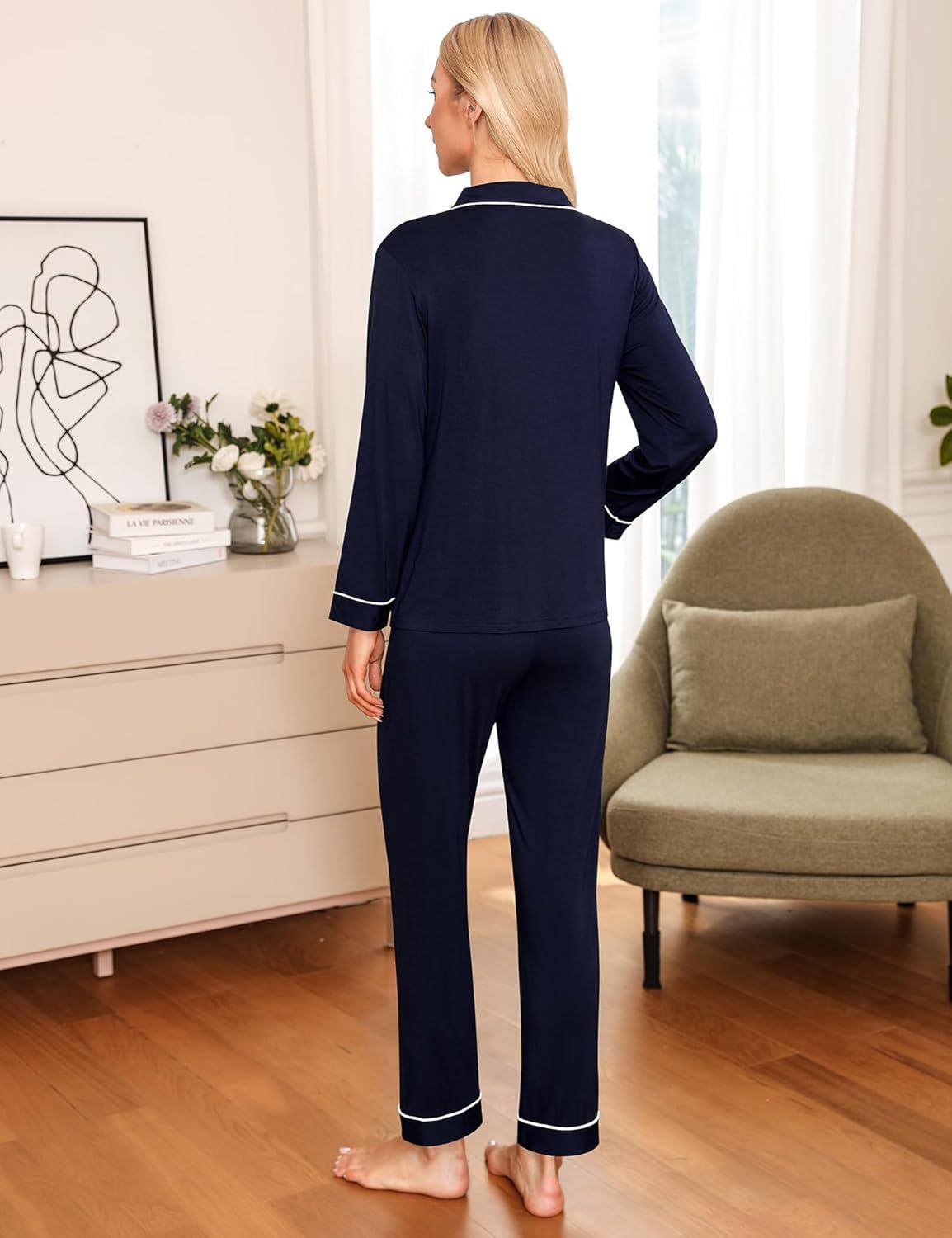 imageSWOMOG Womens Pajama Sets Long Sleeve Button Down Sleepwear Soft Pjs Lounge Sets with Pockets Navy Blue Wide PipingNavy Bluetwo Pockets