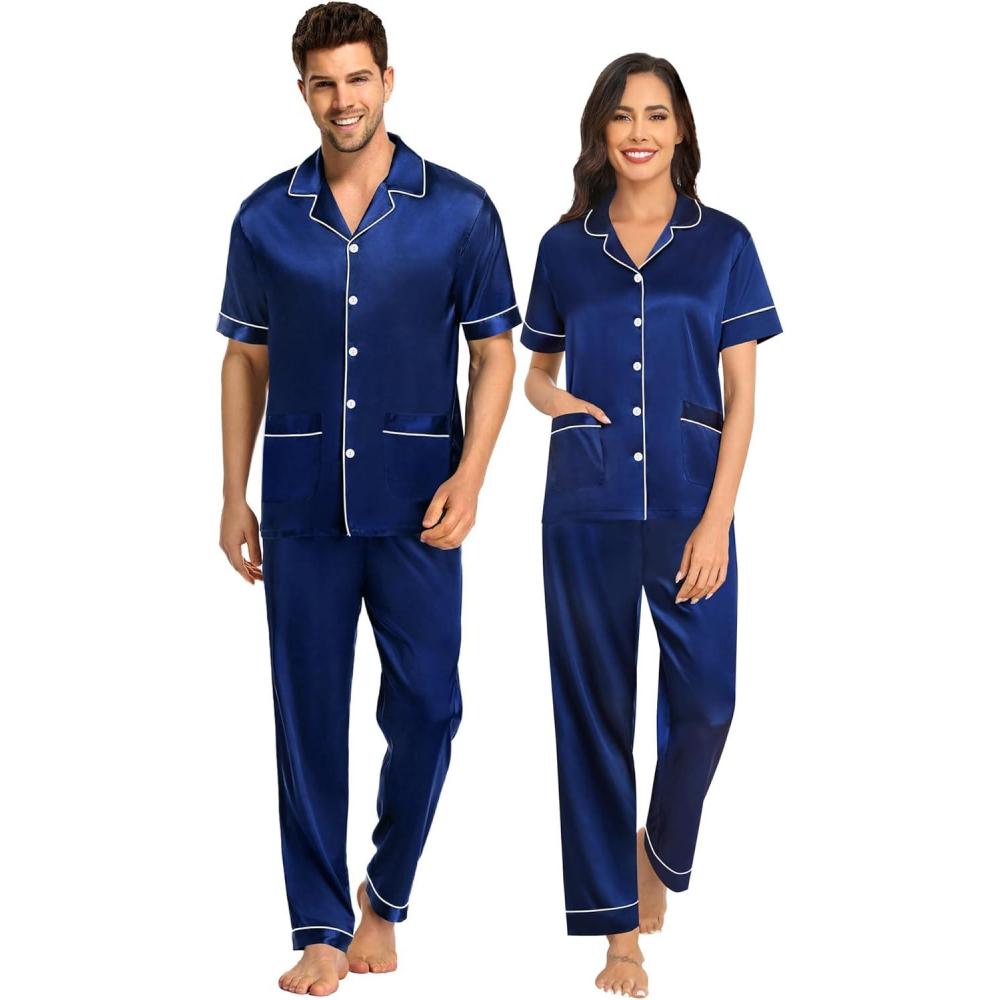 imageSWOMOG Couples Pajamas Sets Women amp Men Satin Short Sleeve Sleepwear Button Down Loungewear Pjs Set with Long PantsZ  Navy Blue  2 Pockets