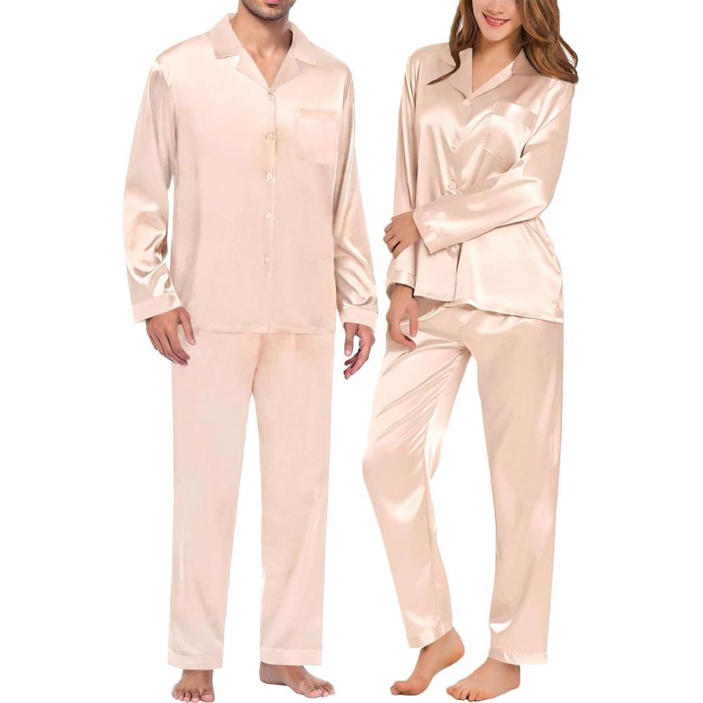 imageSWOMOG Couples Pajamas Womens ampMens Matching Pajamas Set Silk Satin Pj Set Long Sleeve Button Down Sleepwear 2 Pcs LoungewearChampagne