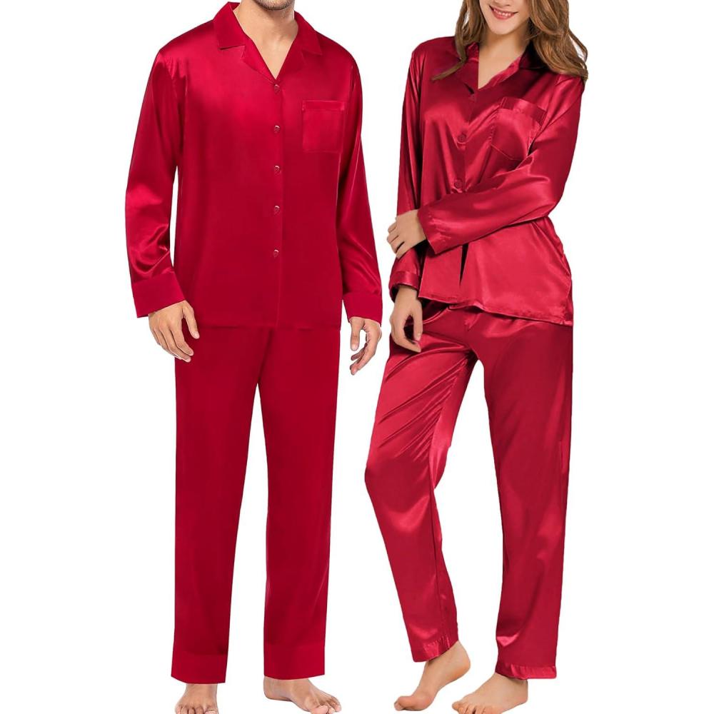 imageSWOMOG Couples Pajamas Womens ampMens Matching Pajamas Set Silk Satin Pj Set Long Sleeve Button Down Sleepwear 2 Pcs LoungewearRed