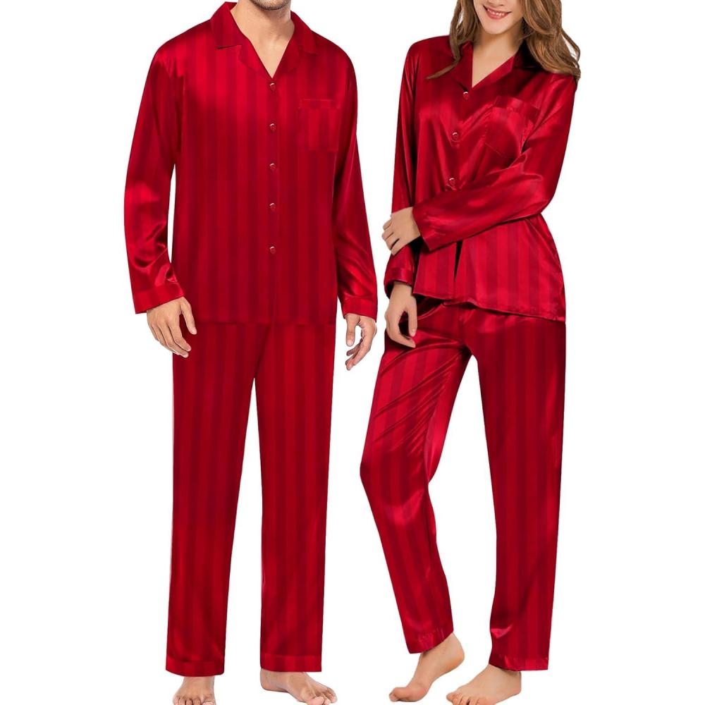 imageSWOMOG Couples Pajamas Womens ampMens Matching Pajamas Set Silk Satin Pj Set Long Sleeve Button Down Sleepwear 2 Pcs LoungewearRed Striped