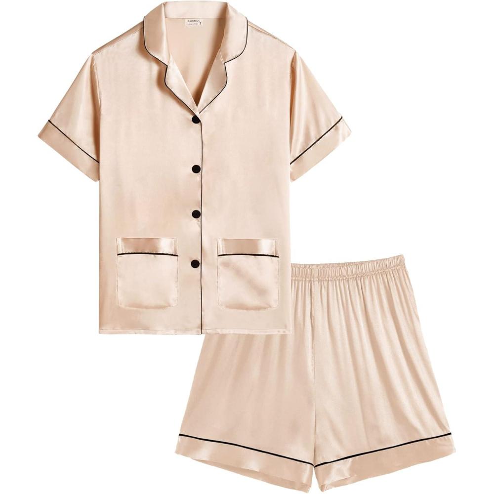 imageSWOMOG Girls Satin Pajamas Set Silk Button Down Pjs Set 2 Pieces Short Sleeve Kids Strawberry Sleepwear 415Y2pcsshort Sleeve Champagne