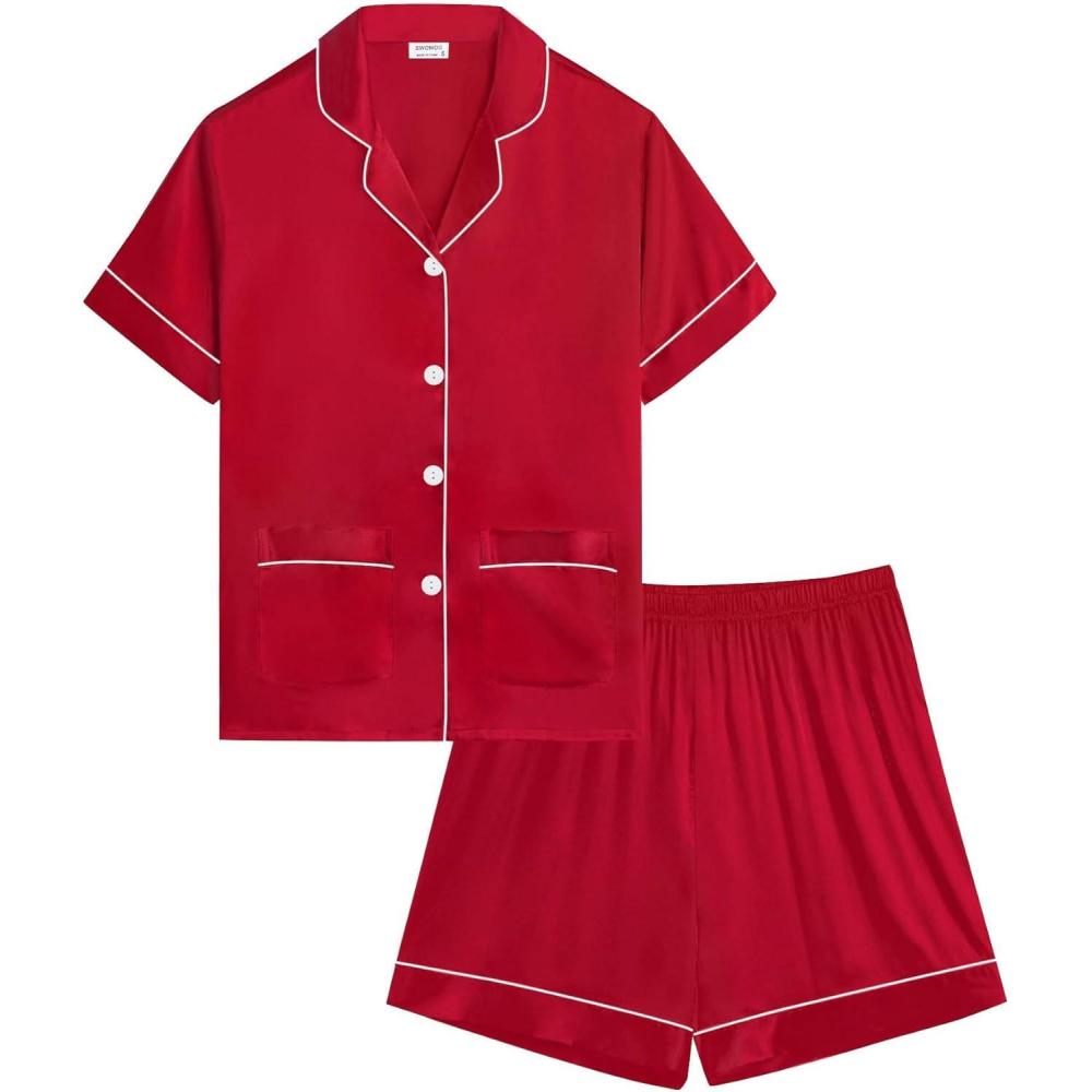 imageSWOMOG Girls Satin Pajamas Set Silk Button Down Pjs Set 2 Pieces Short Sleeve Kids Strawberry Sleepwear 415Y2pcsshort Sleeve Red