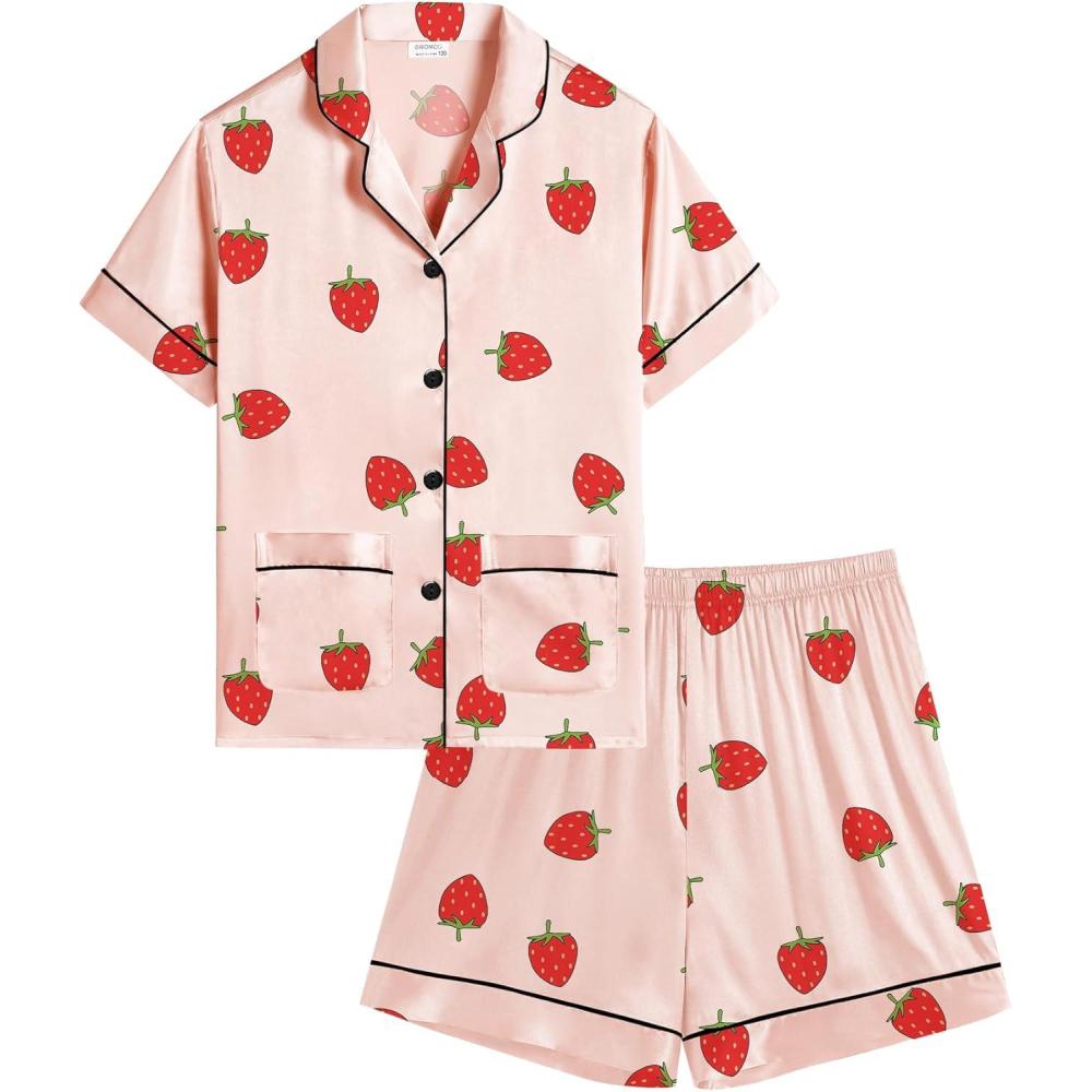 imageSWOMOG Girls Satin Pajamas Set Silk Button Down Pjs Set 2 Pieces Short Sleeve Kids Strawberry Sleepwear 415YStrawberry