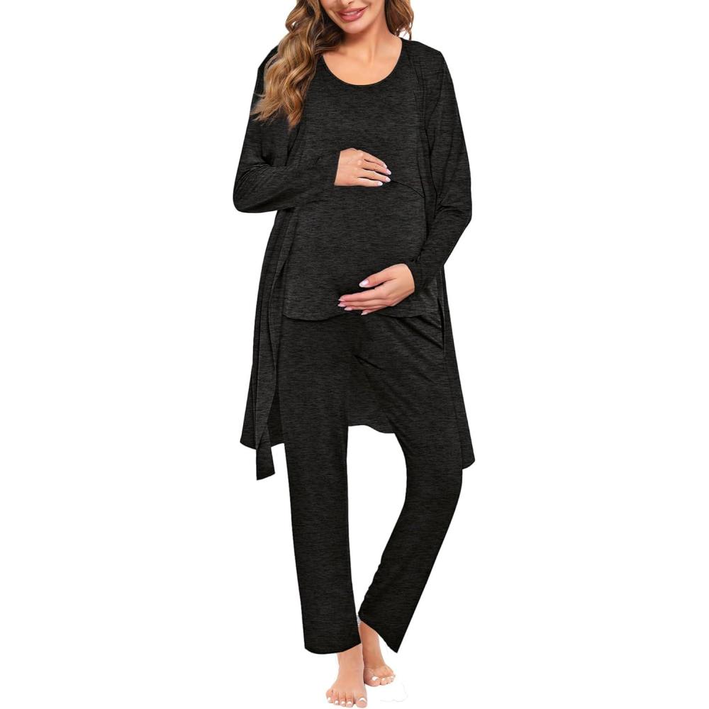 imageSWOMOG Maternity Nursing Robe Set 3 PCS Women Postpartum Pajamas Breastfeeding Labor Delivery Hospital Pregnancy PjsBlack Grey