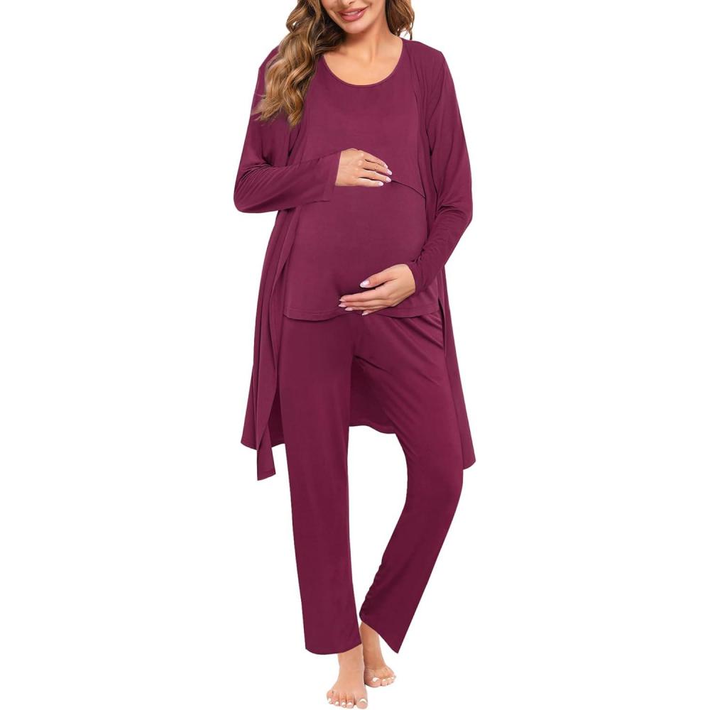 imageSWOMOG Maternity Nursing Robe Set 3 PCS Women Postpartum Pajamas Breastfeeding Labor Delivery Hospital Pregnancy PjsBurgundy