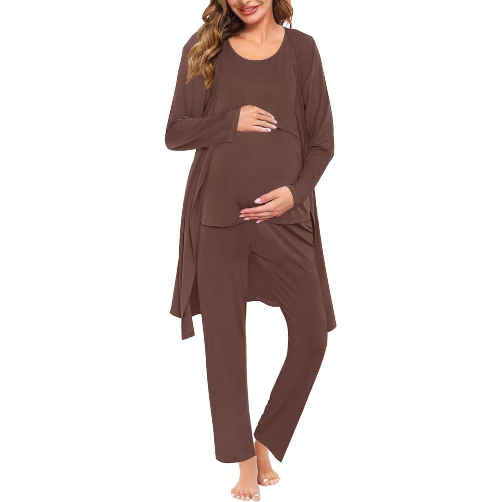 imageSWOMOG Maternity Nursing Robe Set 3 PCS Women Postpartum Pajamas Breastfeeding Labor Delivery Hospital Pregnancy PjsCoffee