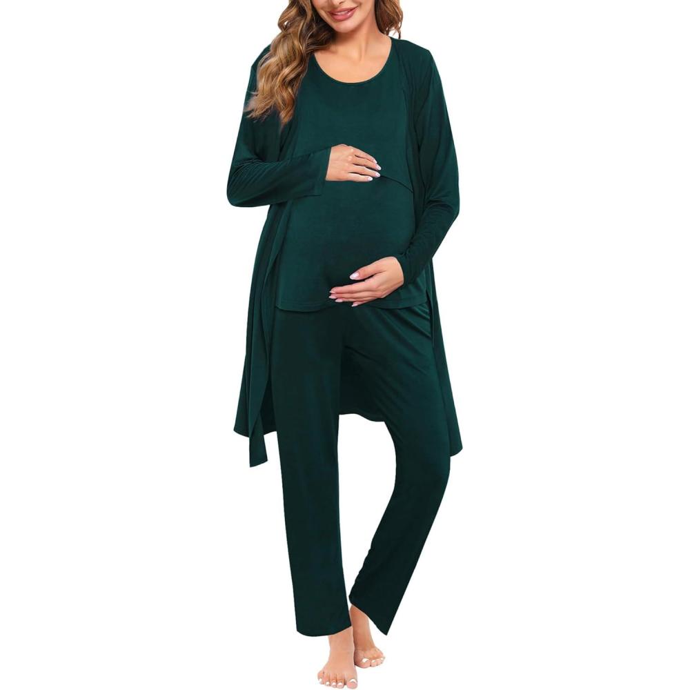 imageSWOMOG Maternity Nursing Robe Set 3 PCS Women Postpartum Pajamas Breastfeeding Labor Delivery Hospital Pregnancy PjsEmerald Green