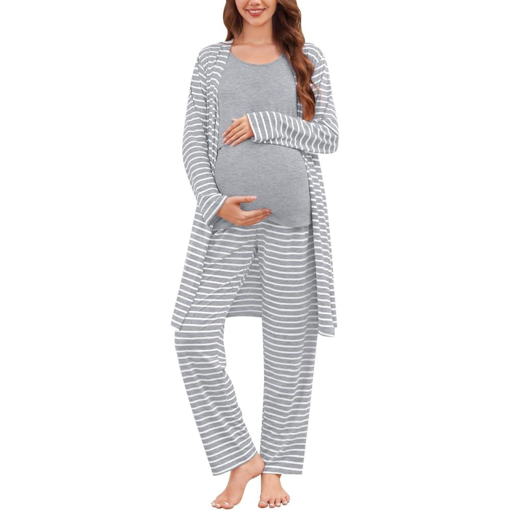 imageSWOMOG Maternity Nursing Robe Set 3 PCS Women Postpartum Pajamas Breastfeeding Labor Delivery Hospital Pregnancy PjsGrey Striped