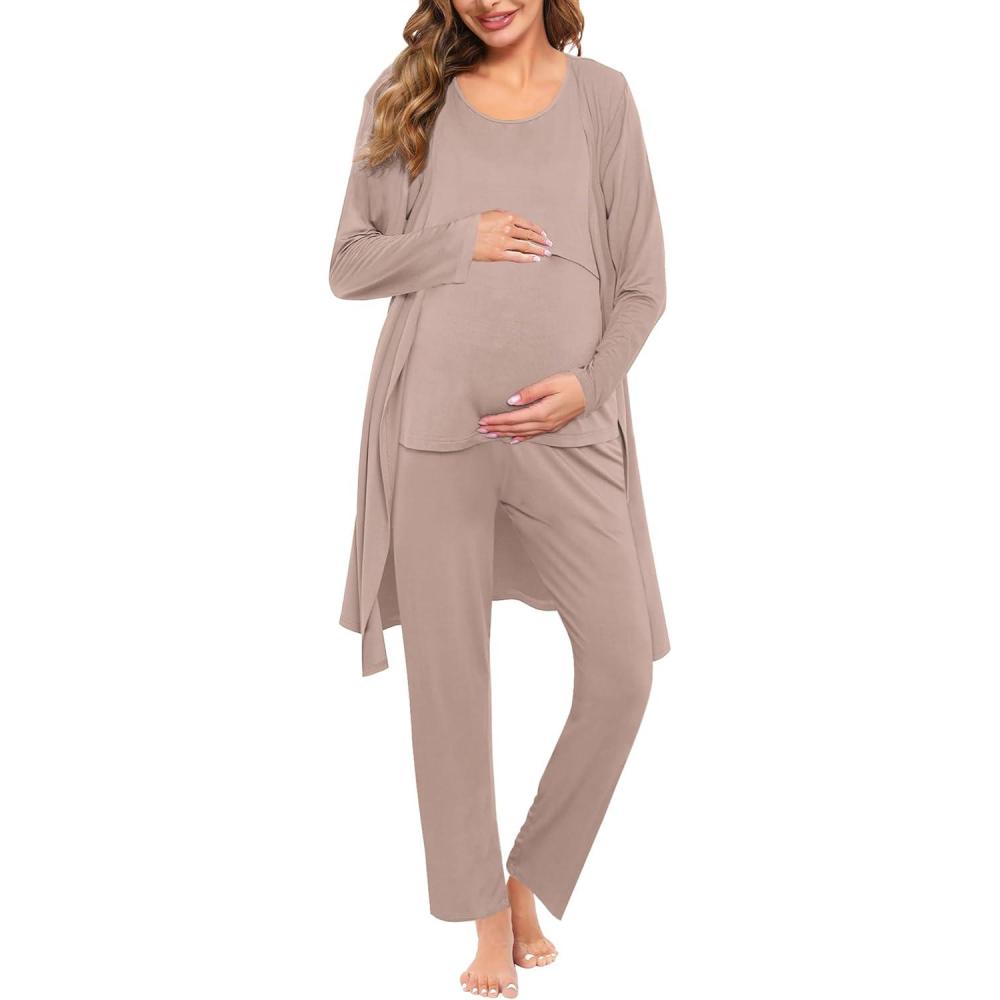 imageSWOMOG Maternity Nursing Robe Set 3 PCS Women Postpartum Pajamas Breastfeeding Labor Delivery Hospital Pregnancy PjsLight Brown