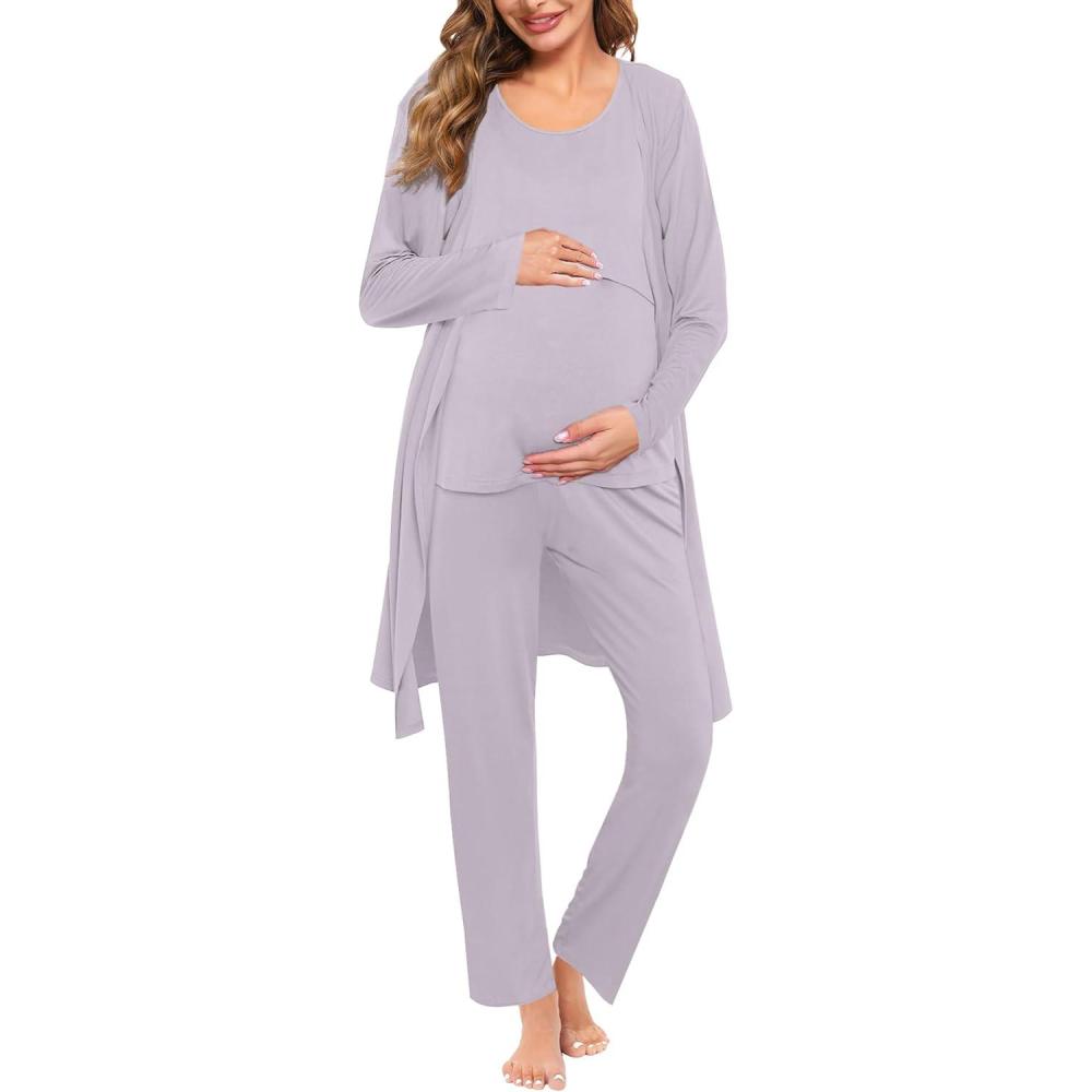 imageSWOMOG Maternity Nursing Robe Set 3 PCS Women Postpartum Pajamas Breastfeeding Labor Delivery Hospital Pregnancy PjsLilac Purple