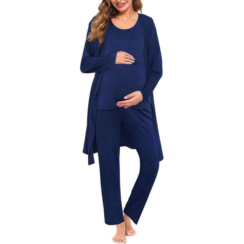 imageSWOMOG Maternity Nursing Robe Set 3 PCS Women Postpartum Pajamas Breastfeeding Labor Delivery Hospital Pregnancy PjsNavy Blue